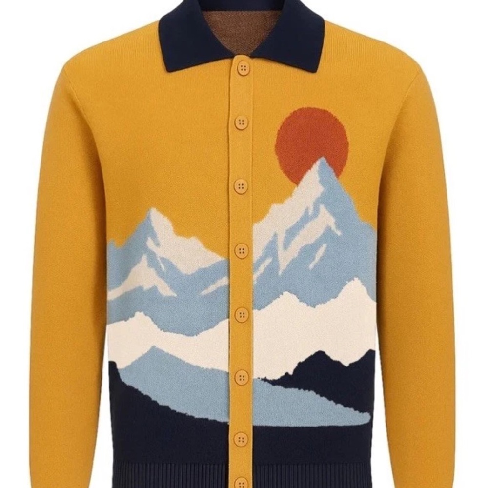 MEN'S YELLOW ART LANDSCAPE JACQUARD CARDIGAN 2XL